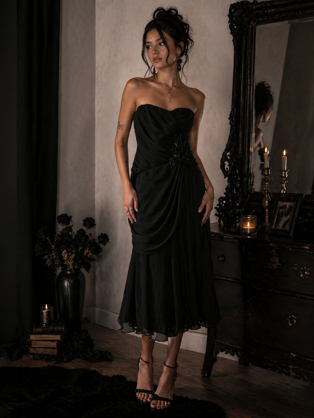 Vintage Y2K Kira Tiered Dress Size S Gathered Embellished Strapless Ruched